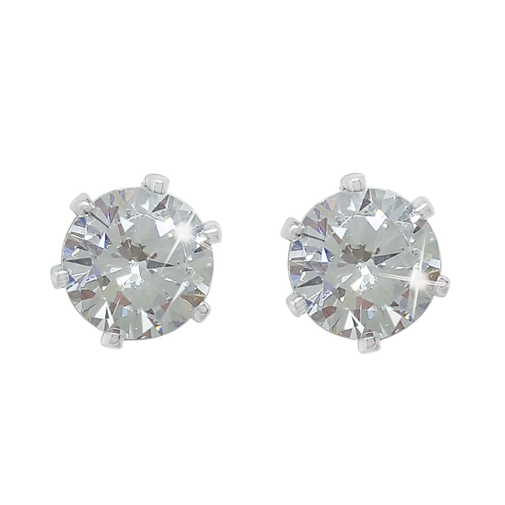 A pair of silver stud earrings featuring clear crystal stones.